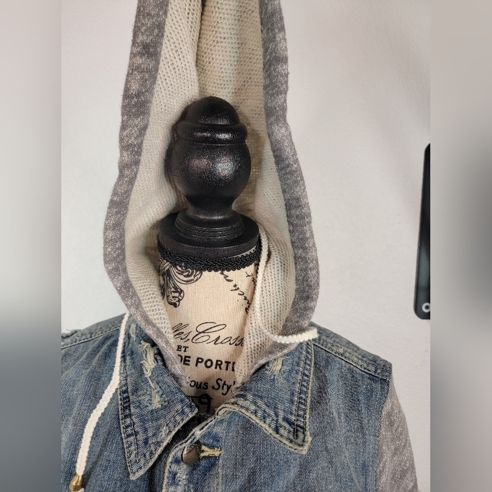 Free People XS Denim Jacket Hooded Gray Sweater Sleeves Blue - Picture 3 of 9